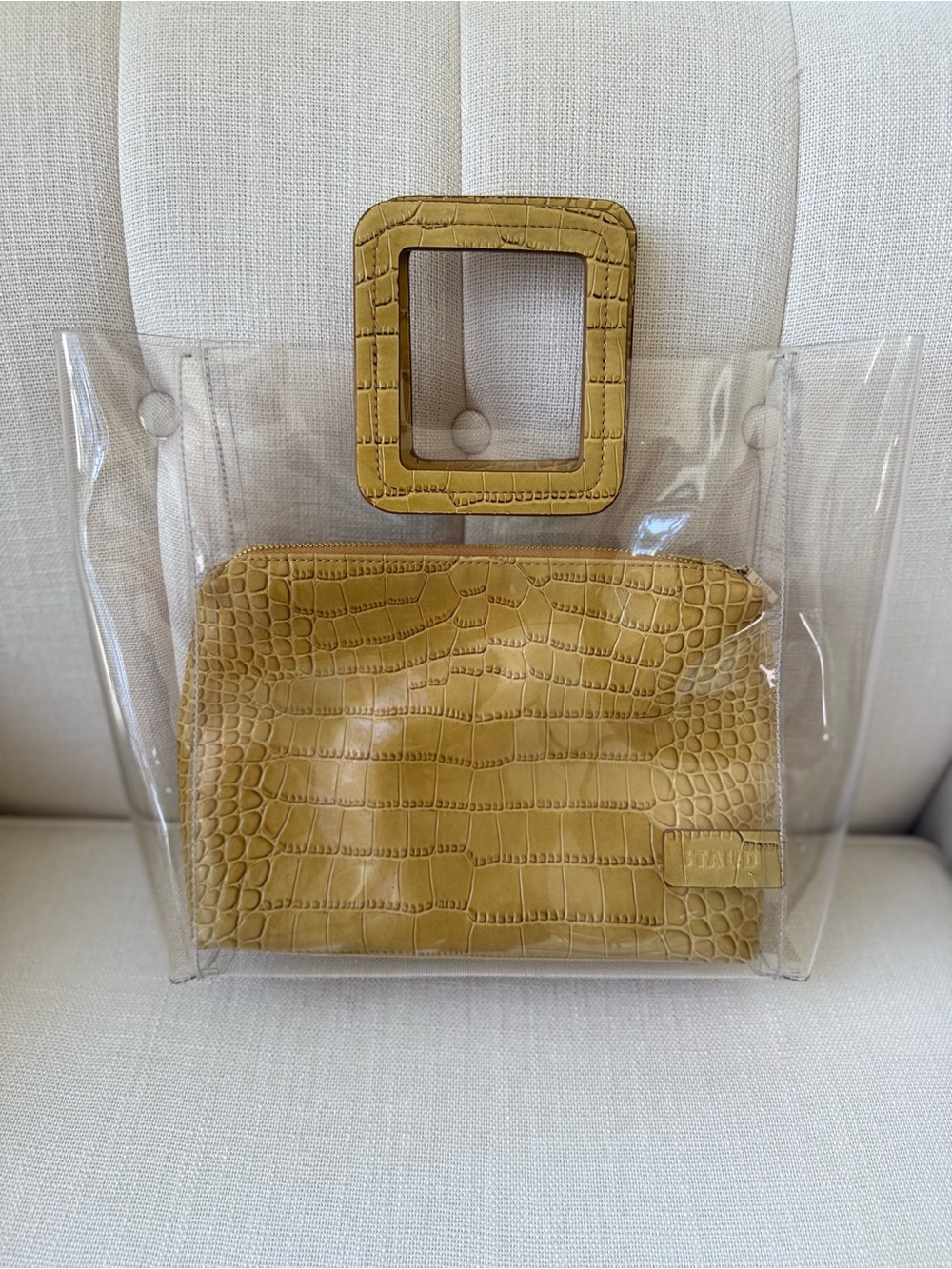 STAUD Clear Tote with Yellow /chartreuse Croc-Embossed Pouch